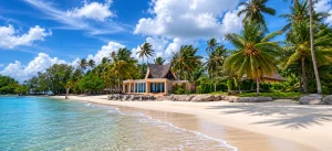 Beachfront villa with white sandy beach and tropical palm trees at Blue Haven Bay Koh Chang